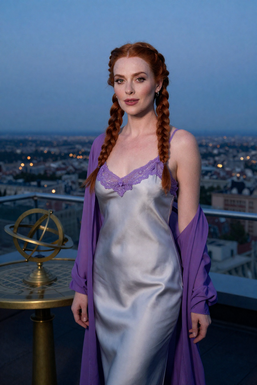 Boudoir portrait of a fictional 32-year-old woman with long copper-red hair in two tight Dutch braids